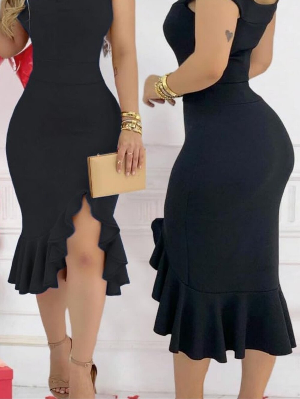 Off-Shoulder Black Twist-Front Ruffle Dress